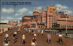 Gay, Frolicking Vacationists Enjoying Early Morning Bicycling Postcard