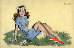 Miss Behave: Glamor girl drawing of woman lounging among daisies Postcard