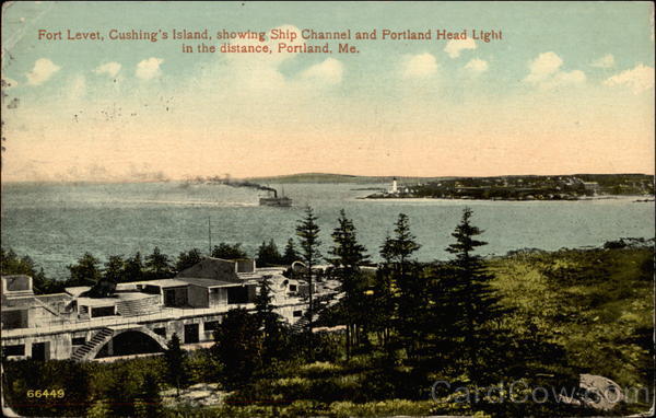 Fort Levet, Cushing's Island, showing ship channel and Portland Head light in the distance Maine
