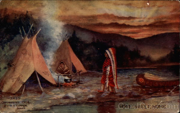 Indians and teepees at dusk Native Americana