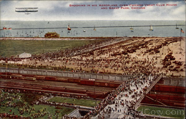 Brookins in his aeroplane over Chicago Yacht Club House and Grant Park, Chicago Illinois
