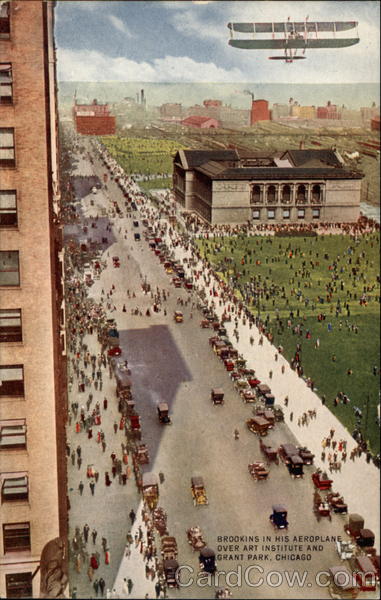 Brookins in his aeroplane over Art Institue and Grant Park, Chicago Illinois