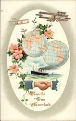Planes, ships, and handshakes around globes Postcard