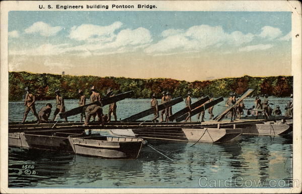 U. S. Engineers Building Pontoon Bridge Military