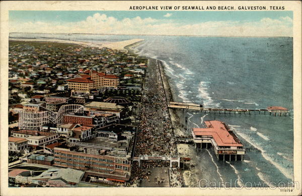 Aeroplane View of Seawall and Beach Galveston Texas