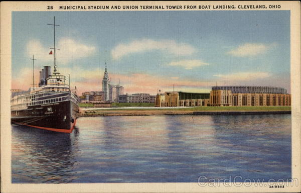 Municipal Stadium and Union Terminal Tower From Boat Landing Cleveland Ohio