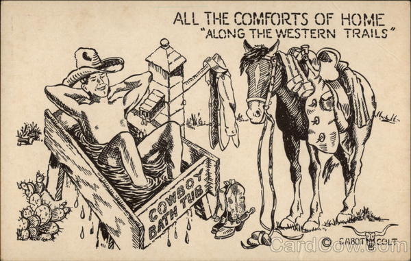 Cartoon of "Cowboy Bath Tub," B&W drawing Cowboy Western