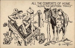 Cartoon of "Cowboy Bath Tub," B&W drawing Postcard