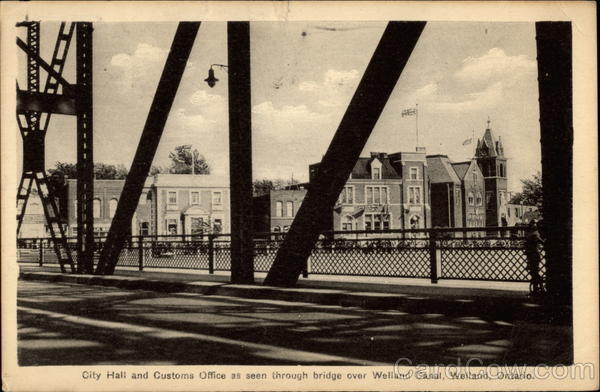 City Hall and Customs Office as seen through bridge over Welland Canal Ontario Canada