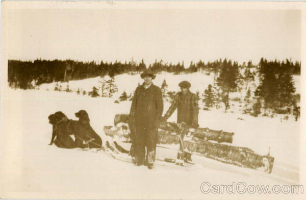 Two Men Hauling Logs by Dogsled