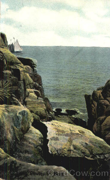 Raef's Charm, Rocks on Ocean w/Sailboat Gloucester Massachusetts