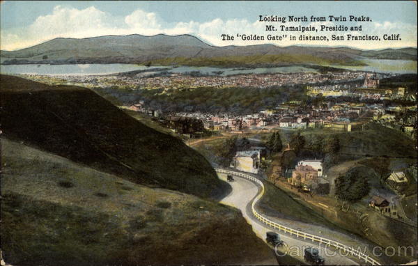 Looking North from Twin Peaks, Mt. Tamalpais, Presidio and The Golden Gate in distance San Francisco