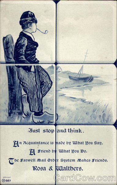 Just Stop and Think (Drawing of Dutch-style tiles, man with pipe)