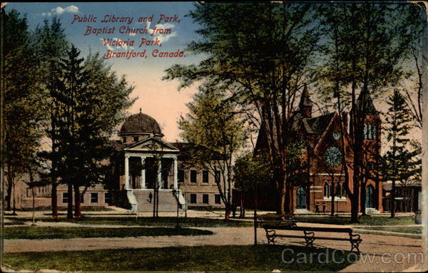 Public library and park, Baptist Church from Victoria Park Brantford Canada