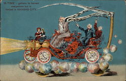 Father Time in old Car with Celebrants Postcard
