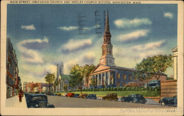 Main Street, Unitarian Church and Wesley Church beyond Worcester Massachusetts