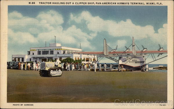 Tractor Hauling out a Clilpper Ship, Pan-American Airways Terminal (M-96) Miami Florida