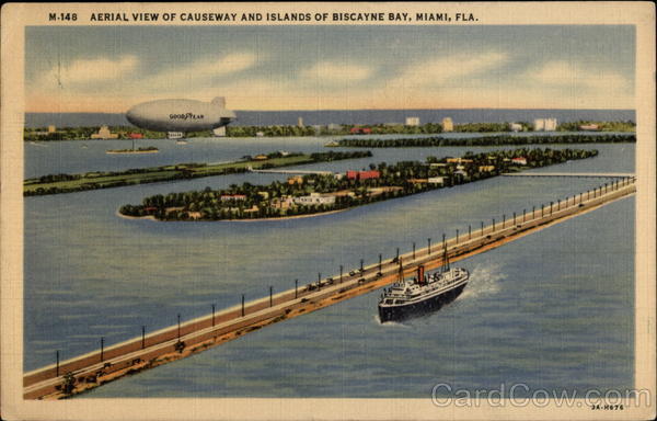 Aerial View of Causeway and Island of Biscayne Bay Miami Florida