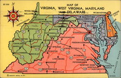 Virginia, West Virginia, Maryland and Delaware Maps Postcard Postcard