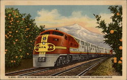 Santa Fe Streamliner Entering Southern California Through the Orange Groves Postcard
