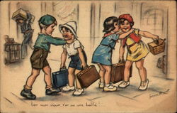 Drawing of children arriving with suitcases, warmly greeted by friends France Postcard Postcard