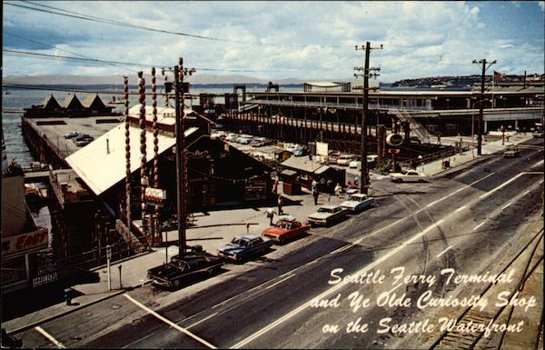 Seattle Ferry Terminal and Ye Olde Curiosity Shop on the Seattle Waterfront Washington