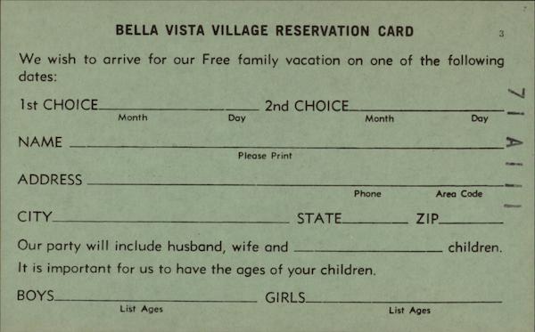 Bella Vista Village Reservation Card Arkansas Advertising