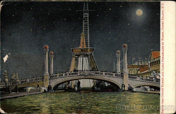 Shout the Chute Tower and Lake Dreamland by Night Coney Island New York
