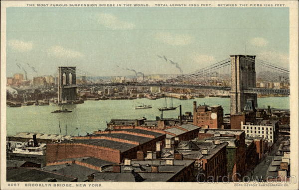 The Most Famous Suspension Bridge In The World, Total Length 5090 Feet Between the Piers 1960 feet Brooklyn