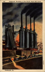 Pittsburgh, Workshop of the World, Night Mill Scene Postcard