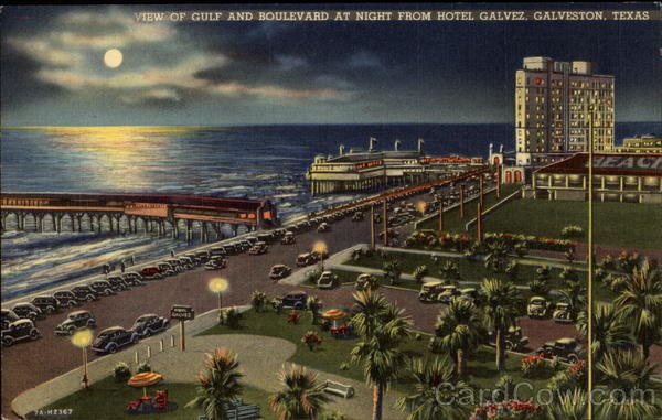 View of Gulf and Boulevard at Night from Hotel Galvez Galveston Texas