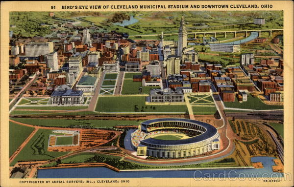 Bird's-Eye View of Cleveland Municipal Stadium and Downtown Cleveland Ohio
