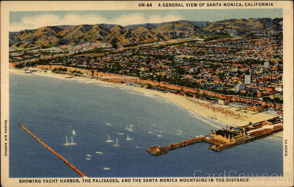 General View, Showing Yacht Harbor, The Palisades, and the Santa Monica Mountains in the Distance California