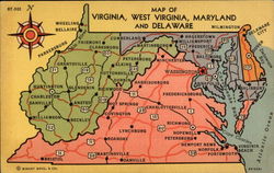 Map of Virginia, West Virginia, Maryland and Delaware Maps Postcard Postcard