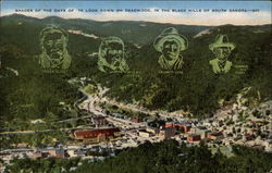 Shades of the days of '76 look down on Deadwood, in the Black HIlls of South Dakota Postcard
