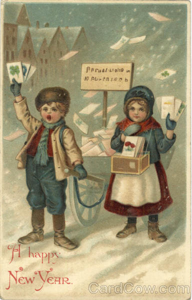 A Happy New Year - Children selling postcards New Year's