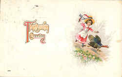 Thanksgiving Greeting - Girl Chasing Turkey Postcard