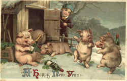 A Happy New Year - Drinking Pigs New Year's Postcard Postcard