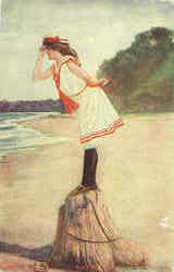 "Waiting" Girl at Seashore Postcard