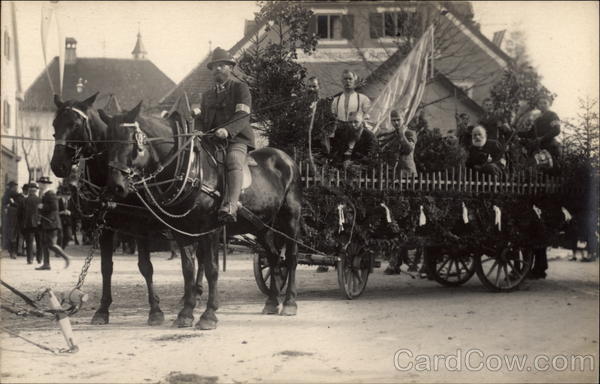 Horses pulling cart with band in parade Max Lerpscher