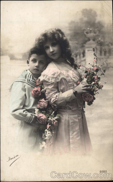 Boy and Girl Holding Flowers Children