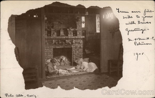 Children reading fireside - Christmas Greetings Palo Alto California