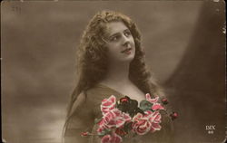 Smiling Woman with Pink Flowers Postcard