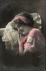 Woman with Quilted Pillow Postcard