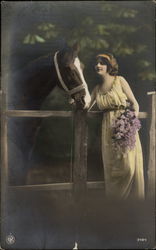 A Woman with a Horse and Flowers Postcard