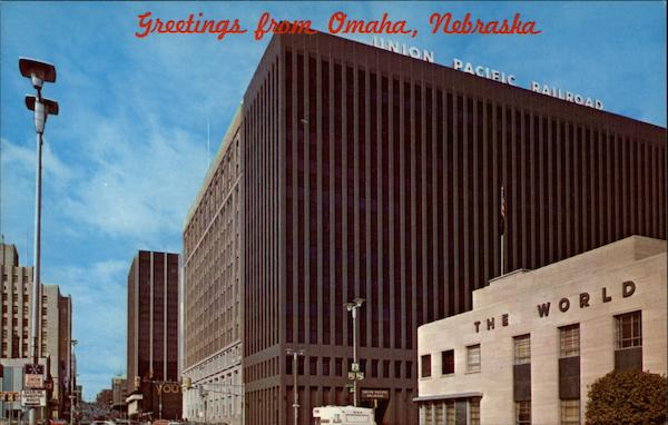 Greetings From Omaha - Dodge Street, First National Center, Hilton Hotel in Background Nebraska