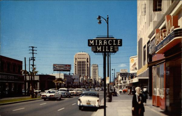 A Scene of the Miracle Mile, Along Wilshire Boulevard Los Angeles California