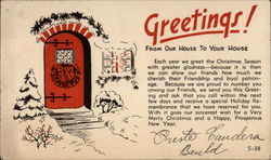 Holiday Greetings with Red Door and Snow Postcard