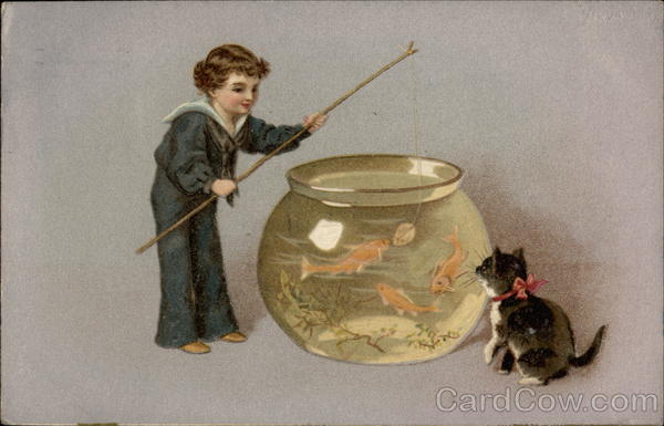 Child and cat fishing in a fish bowl Cats