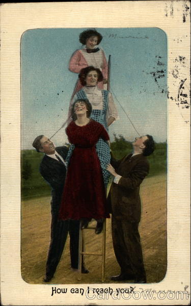 2 men holding 3 women up on ladder Couples